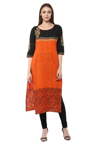 Orange Printed Cotton Straight Kurti