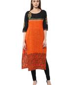 Orange Printed Cotton Straight Kurti