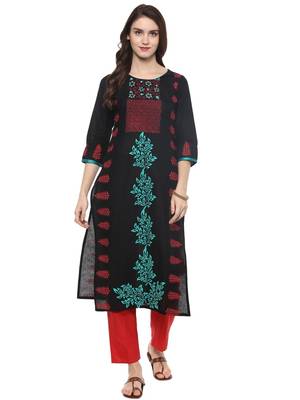 Navy Blue Printed Cotton Straight Kurti 1