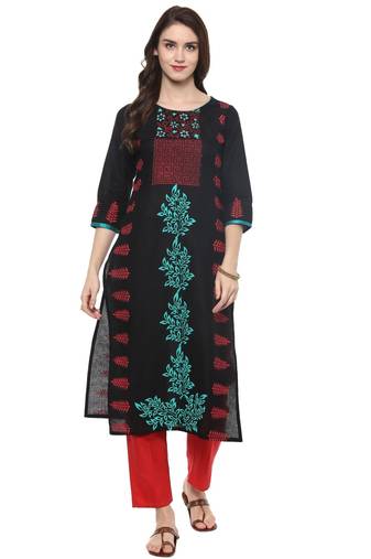 Navy Blue Printed Cotton Straight Kurti