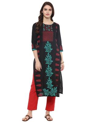 Navy Blue Printed Cotton Straight Kurti 2