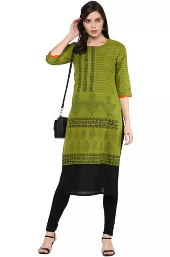 Green Printed Cotton Straight Kurti