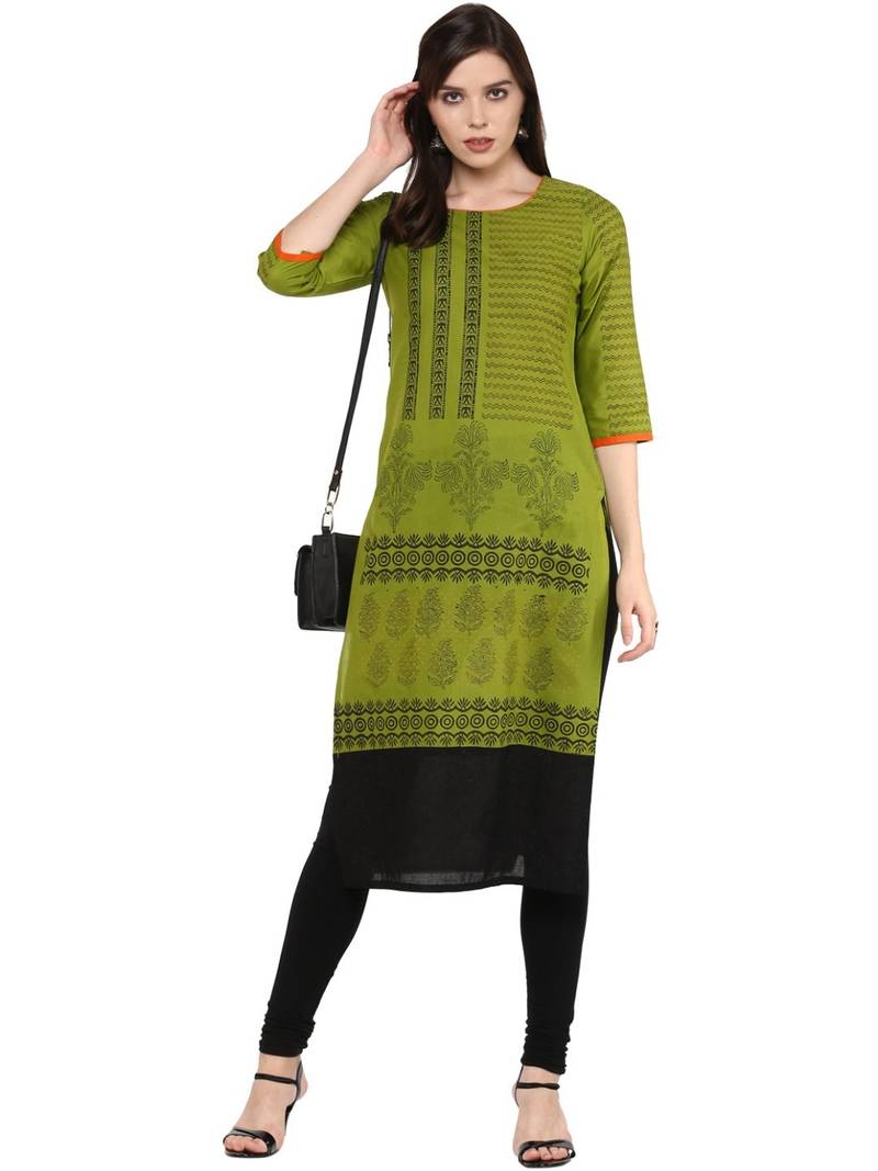 Green Printed Cotton Straight Kurti