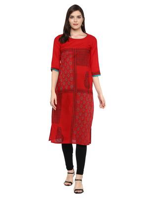 Red Printed Cotton Straight Kurti 1
