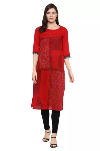 Red Printed Cotton Straight Kurti