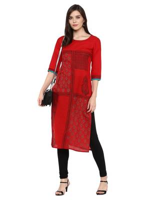 Red Printed Cotton Straight Kurti 2