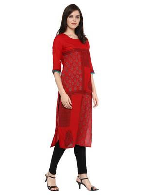 Red Printed Cotton Straight Kurti 3