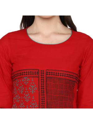 Red Printed Cotton Straight Kurti 4