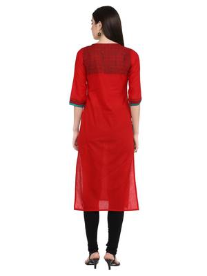Red Printed Cotton Straight Kurti 5