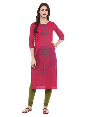 Pink Printed Cotton Straight Kurti 1