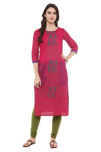 Pink Printed Cotton Straight Kurti