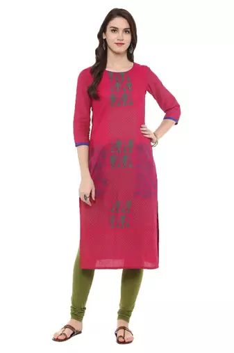 Pink Printed Cotton Straight Kurti