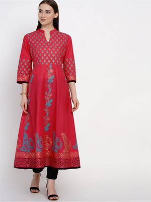 Fuchsia Printed Cotton Anarkali ANARKALI Kurti 1