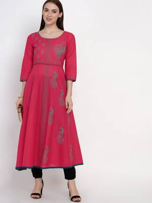Pink Printed Cotton Anarkali ANARKALI Kurti 1
