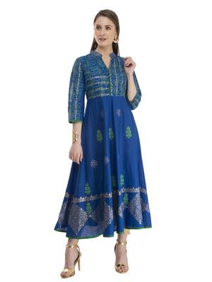 Blue Printed Cotton Anarkali ANARKALI Kurti 1