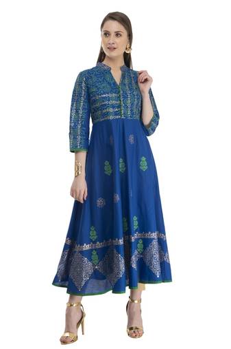 Blue Printed Cotton Anarkali ANARKALI Kurti