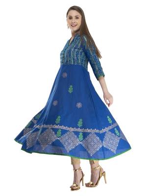 Blue Printed Cotton Anarkali ANARKALI Kurti 4