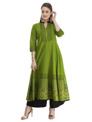 Olive Printed Cotton Anarkali ANARKALI Kurti 1