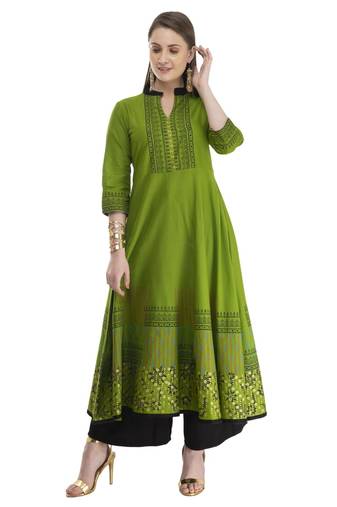 Olive Printed Cotton Anarkali ANARKALI Kurti