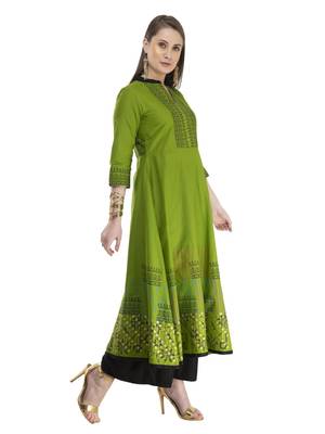 Olive Printed Cotton Anarkali ANARKALI Kurti 2