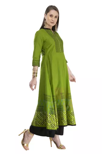 Olive Printed Cotton Anarkali ANARKALI Kurti