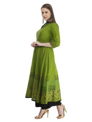 Olive Printed Cotton Anarkali ANARKALI Kurti 3