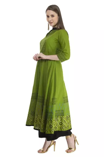Olive Printed Cotton Anarkali ANARKALI Kurti