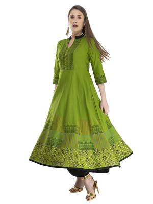 Olive Printed Cotton Anarkali ANARKALI Kurti 4