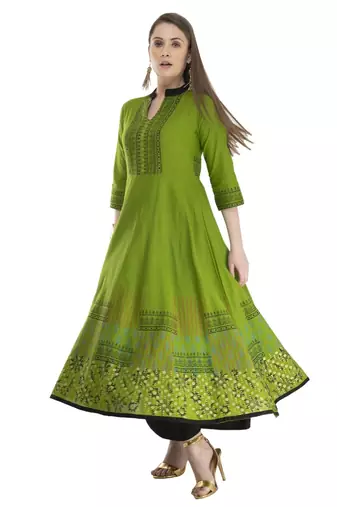 Olive Printed Cotton Anarkali ANARKALI Kurti