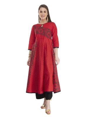 Red Printed Cotton Anarkali ANARKALI Kurti 1