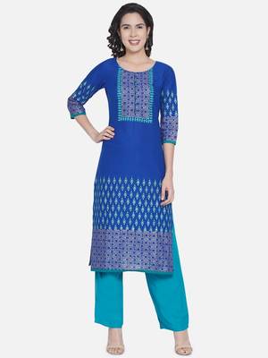 Blue Printed Cotton Straight Kurti 1