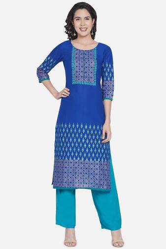 Blue Printed Cotton Straight Kurti