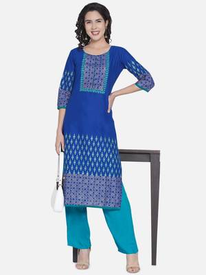Blue Printed Cotton Straight Kurti 2