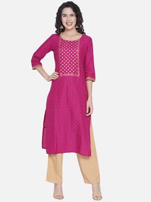 Magenta Printed Cotton Straight Kurti 1
