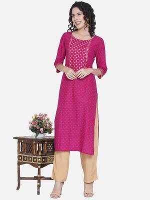 Magenta Printed Cotton Straight Kurti 2