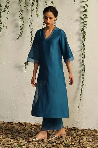 True blue chanderi nakshi and zari kurta set