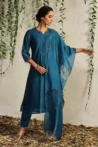 Blue chanderi kurta set
