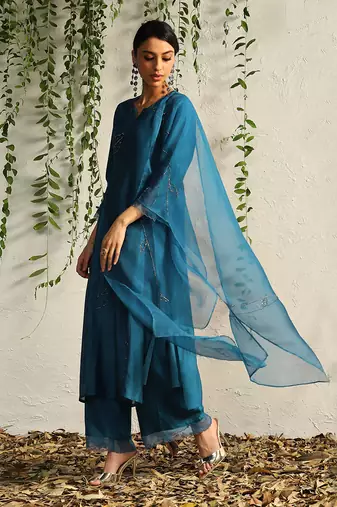 True blue chanderi kurta set