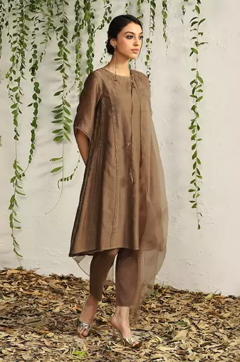 Ginger chanderi tie up kurta set