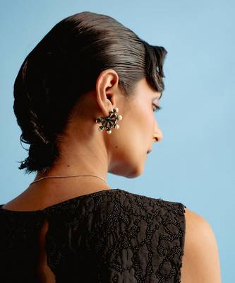 Deep gunmetal with ink blue old daisy earrings 1