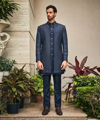 Navy blue aagney chikankari open jacket kurta set 1