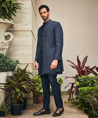 Navy blue aagney chikankari open jacket kurta set 2