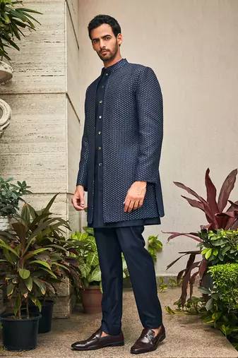 Navy blue aagney chikankari open jacket kurta set