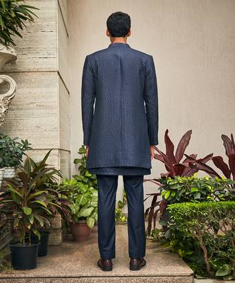 Navy blue aagney chikankari open jacket kurta set 3