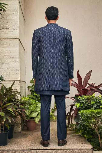 Navy blue aagney chikankari open jacket kurta set
