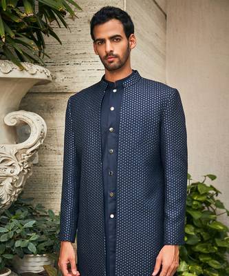 Navy blue aagney chikankari open jacket kurta set 4