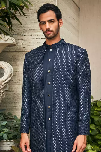 Navy blue aagney chikankari open jacket kurta set