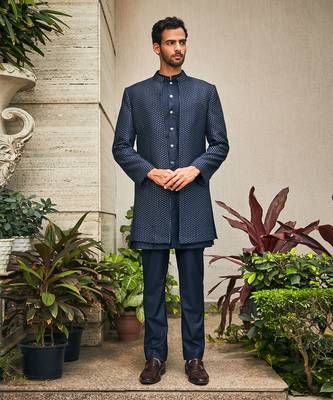 Navy blue aagney chikankari open jacket kurta set 5