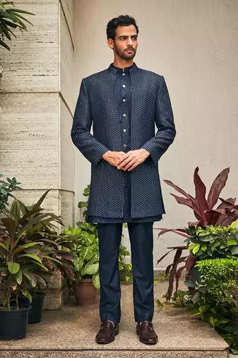 Navy blue aagney chikankari open jacket kurta set