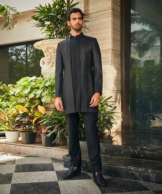 Black mrig indo western chikankari jacket set 1